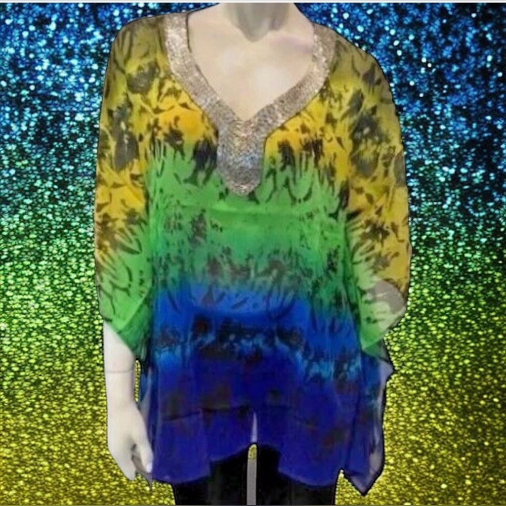 Joan Boyce Multi Color Chiffon Tunic V-Neck w/Silver Beaded Trim Missy NWT $99 - Picture 13 of 15